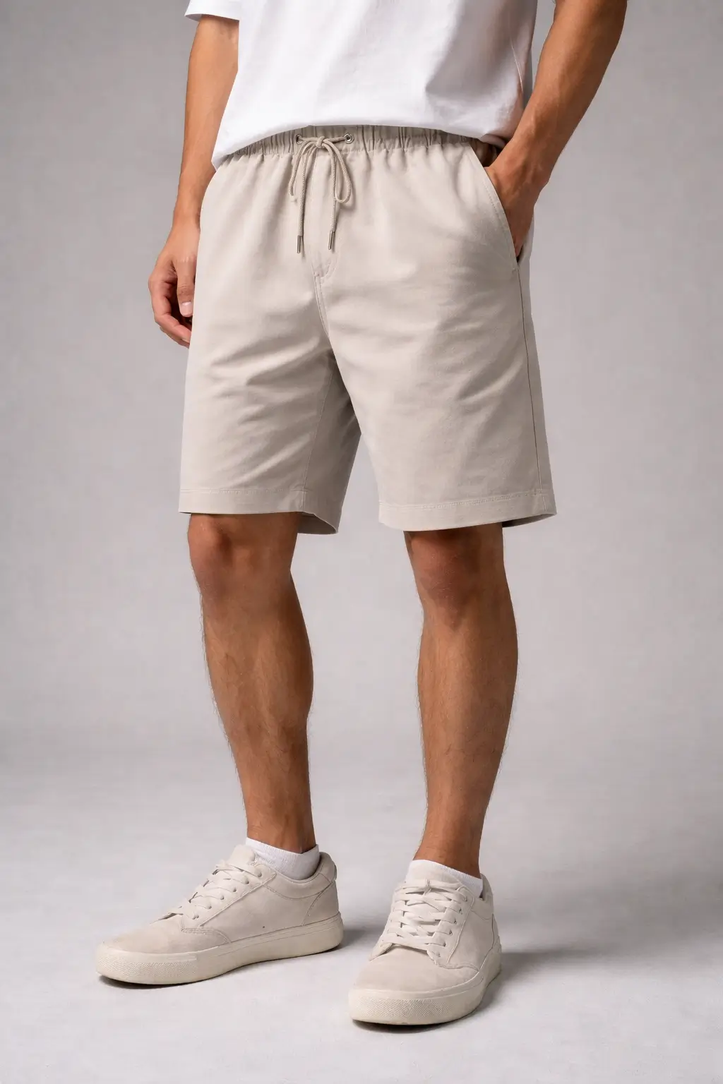 Studio photo of streetwear shorts worn casually, breathable fabric, modern cut, neutral background, no logos