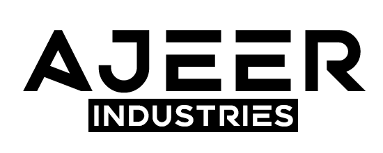 Company logo for Ajeer Industries, a custom clothing manufacturer, featuring bold, black modern typography.
