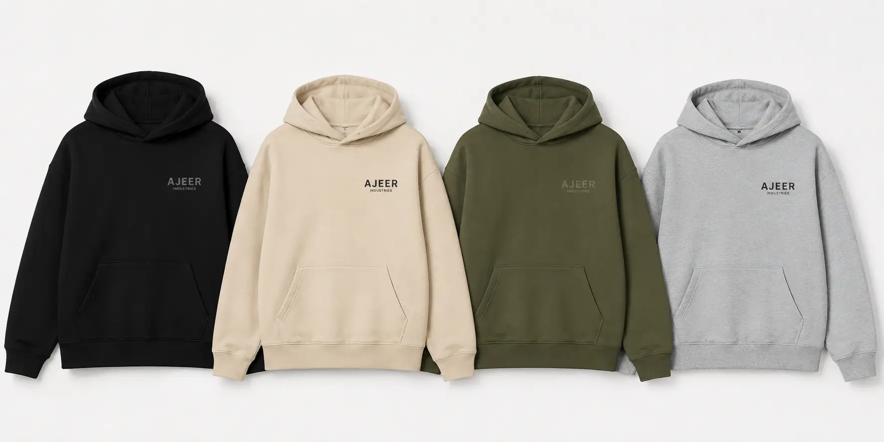 Custom hoodies in multiple colors and fits showcasing private label apparel manufacturing by AJEER Industries
