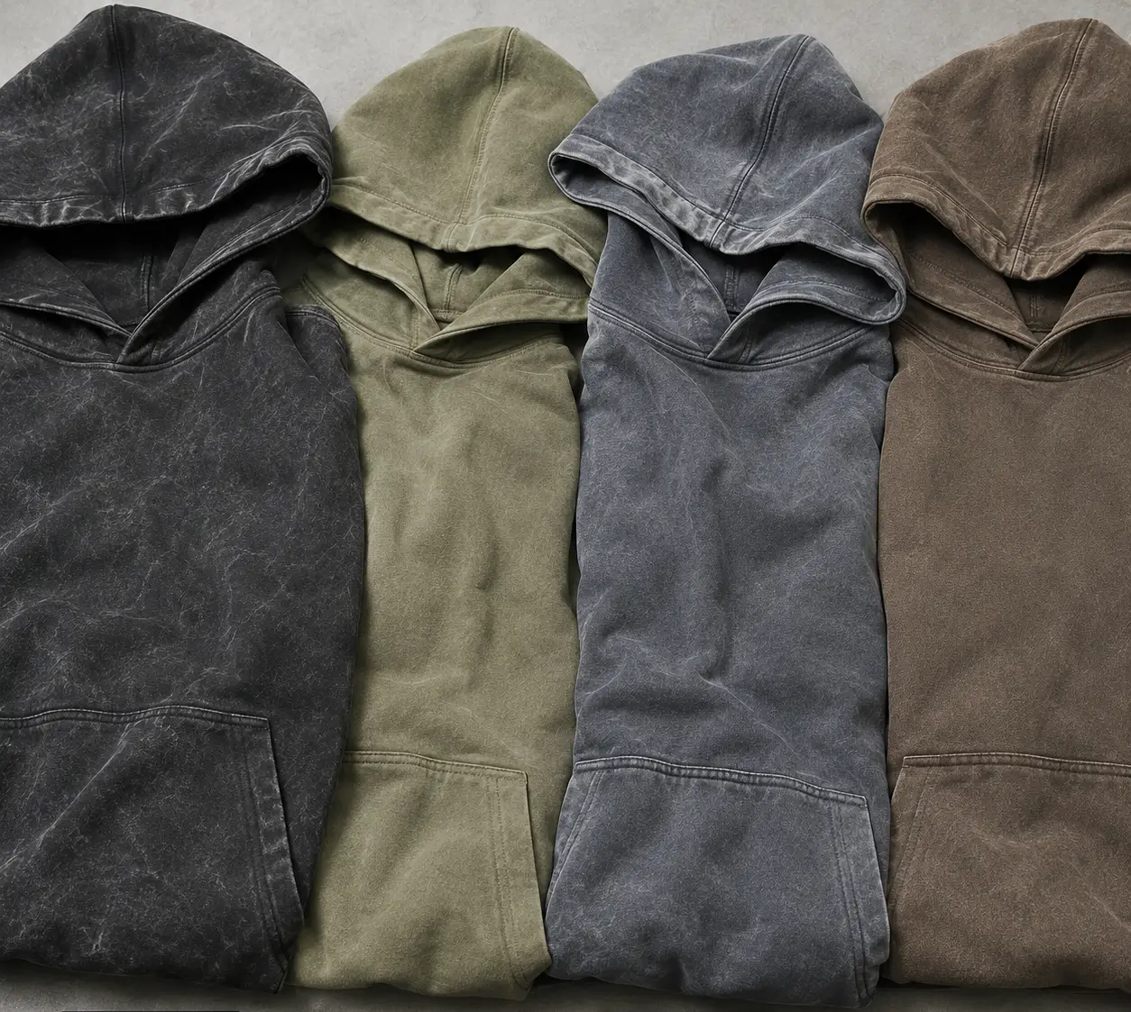 Custom hoodie washing and finishing options including acid wash, enzyme wash, vintage wash, and garment wash for streetwear collections