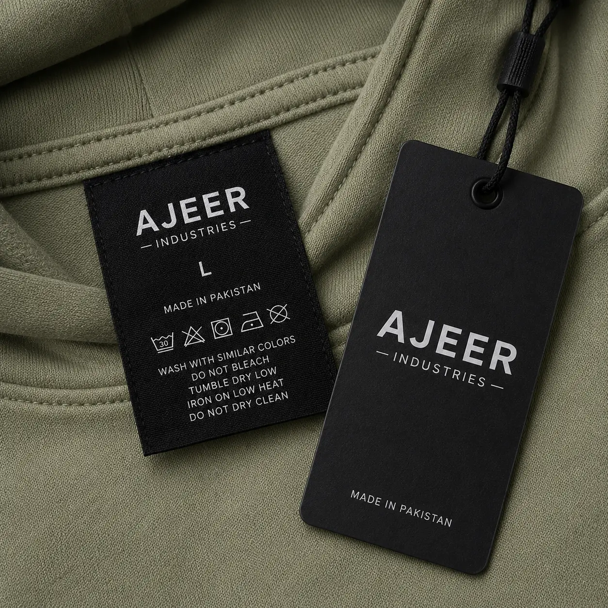 Private label hoodie branding featuring custom woven labels, care labels, size tags, and branded hang tags by AJEER Industries