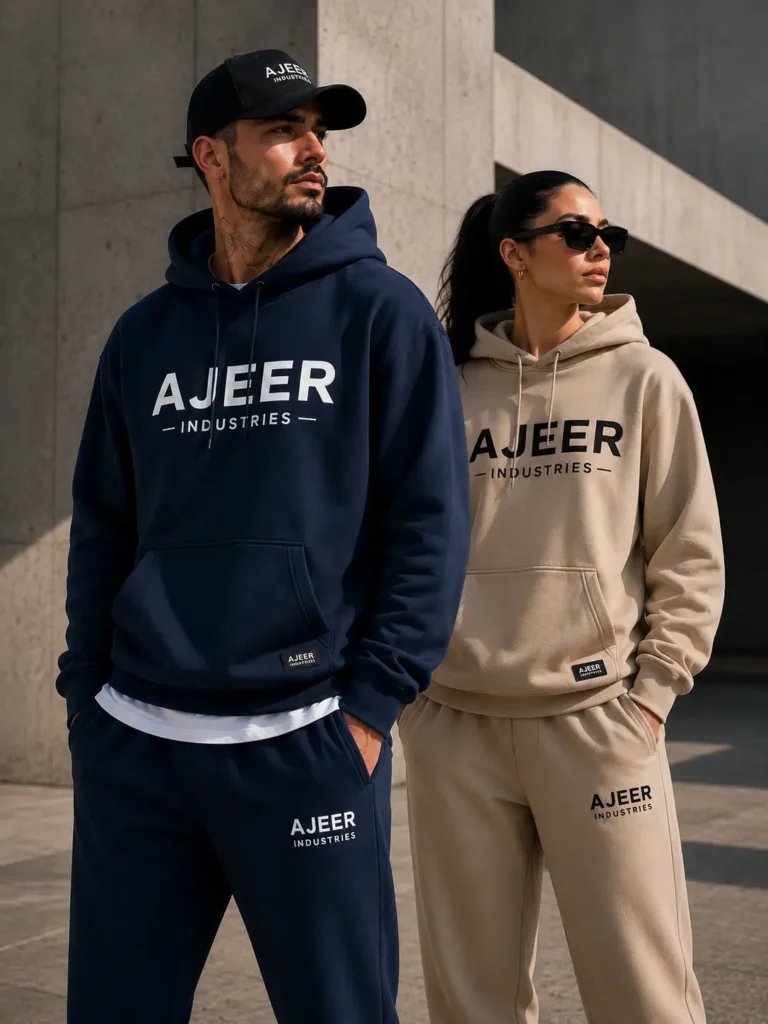 Custom streetwear hoodies manufactured by AJEER Industries featuring navy blue and cream oversized hoodies for clothing brands worldwide