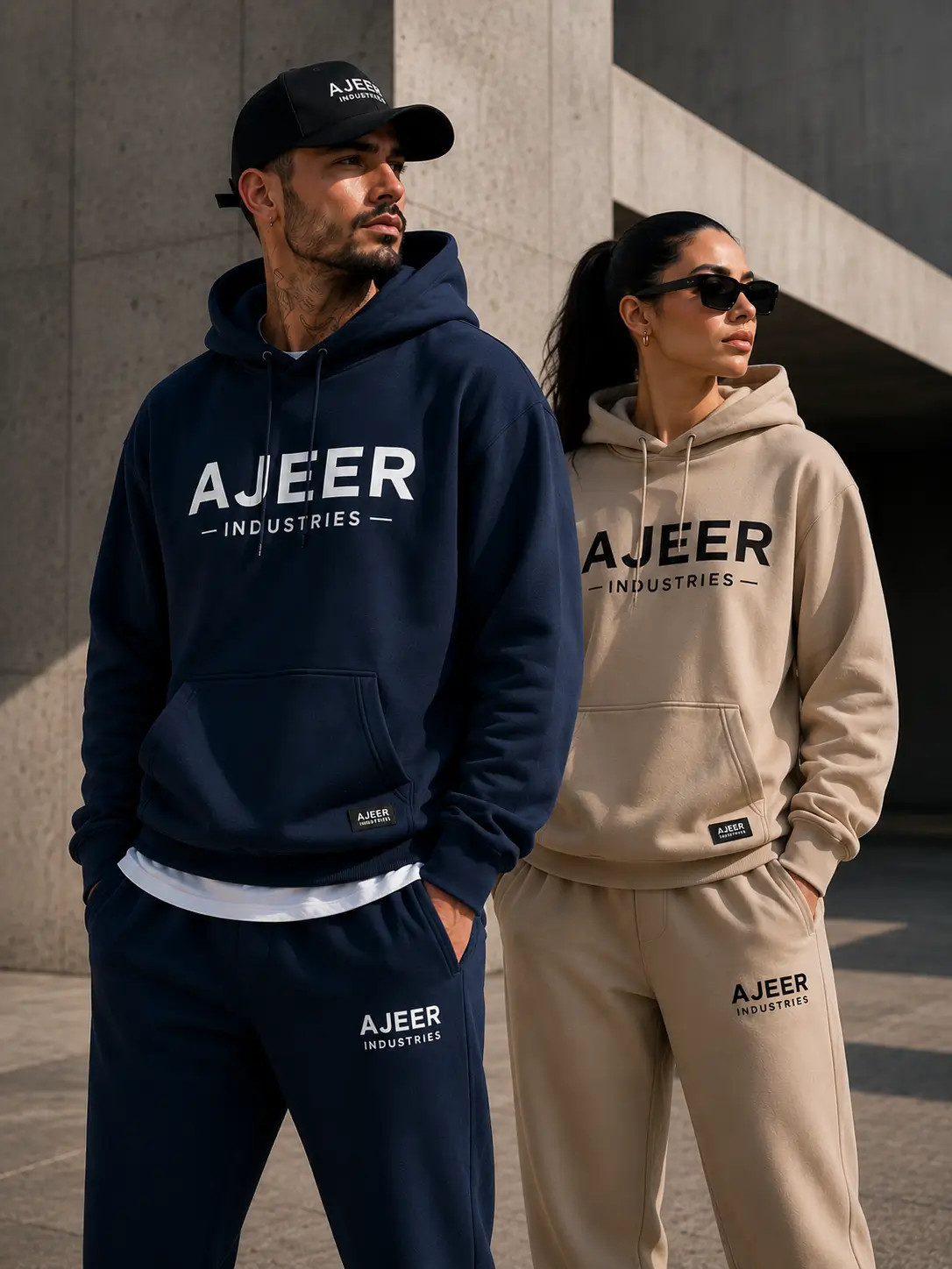 Custom streetwear hoodies manufactured by AJEER Industries featuring navy blue and cream oversized hoodies for clothing brands worldwide