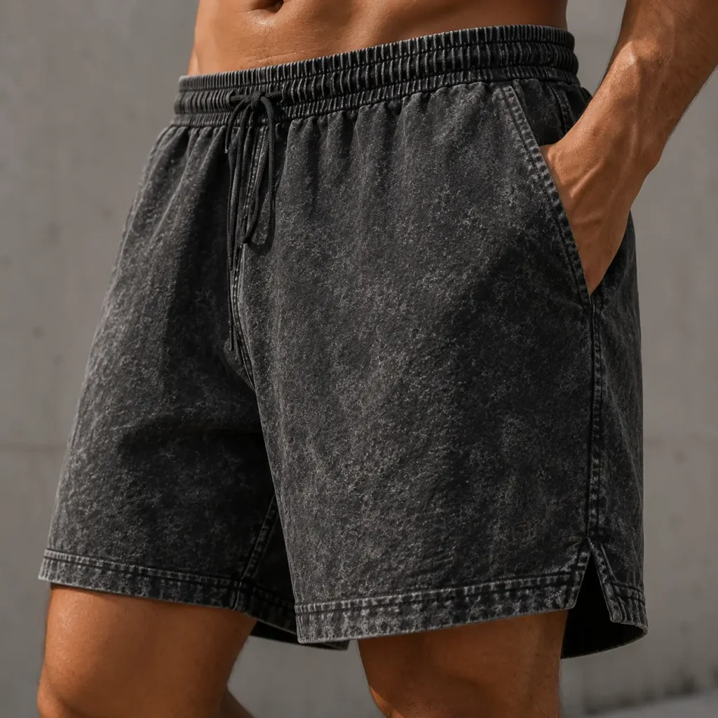 Close-up of custom acid wash shorts featuring a faded vintage finish, heavyweight fabric, elastic waistband, and premium garment construction for private label clothing brands.