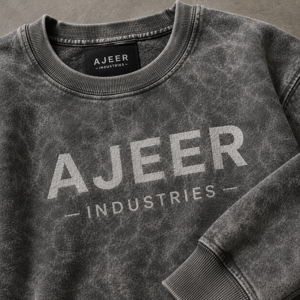 Close-up of a premium acid wash grey crew neck sweatshirt with AJEER Industries branding, highlighting the vintage washed fabric texture, ribbed collar, and heavyweight cotton fleece construction.