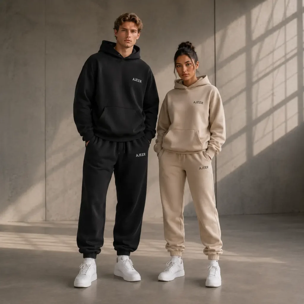 Custom sweatsuit manufacturer showing coordinated sizing