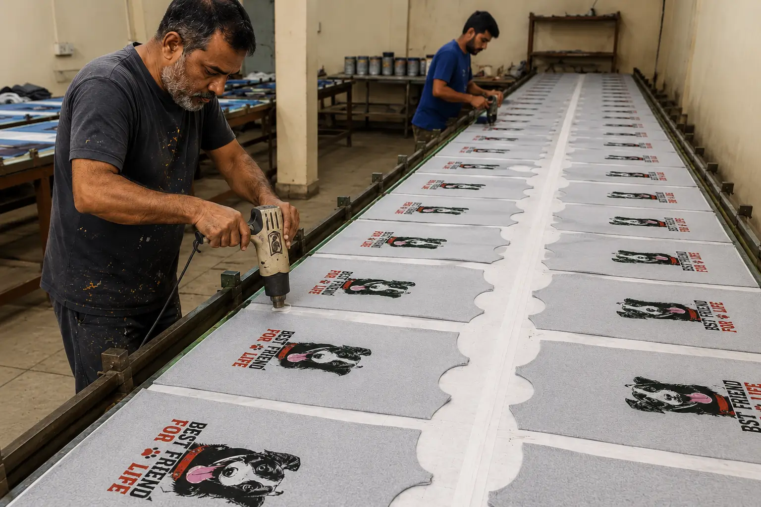 Custom Printing process in a clothing factory showing a large-format heat transfer press applying graphics to garment panels before cut and sew production.