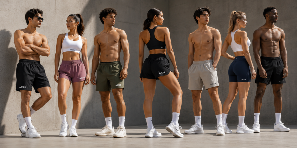 Men and women wearing custom AJEER branded athletic, training, running, gym, and casual shorts in different styles and lengths, showcasing premium custom shorts manufacturing.