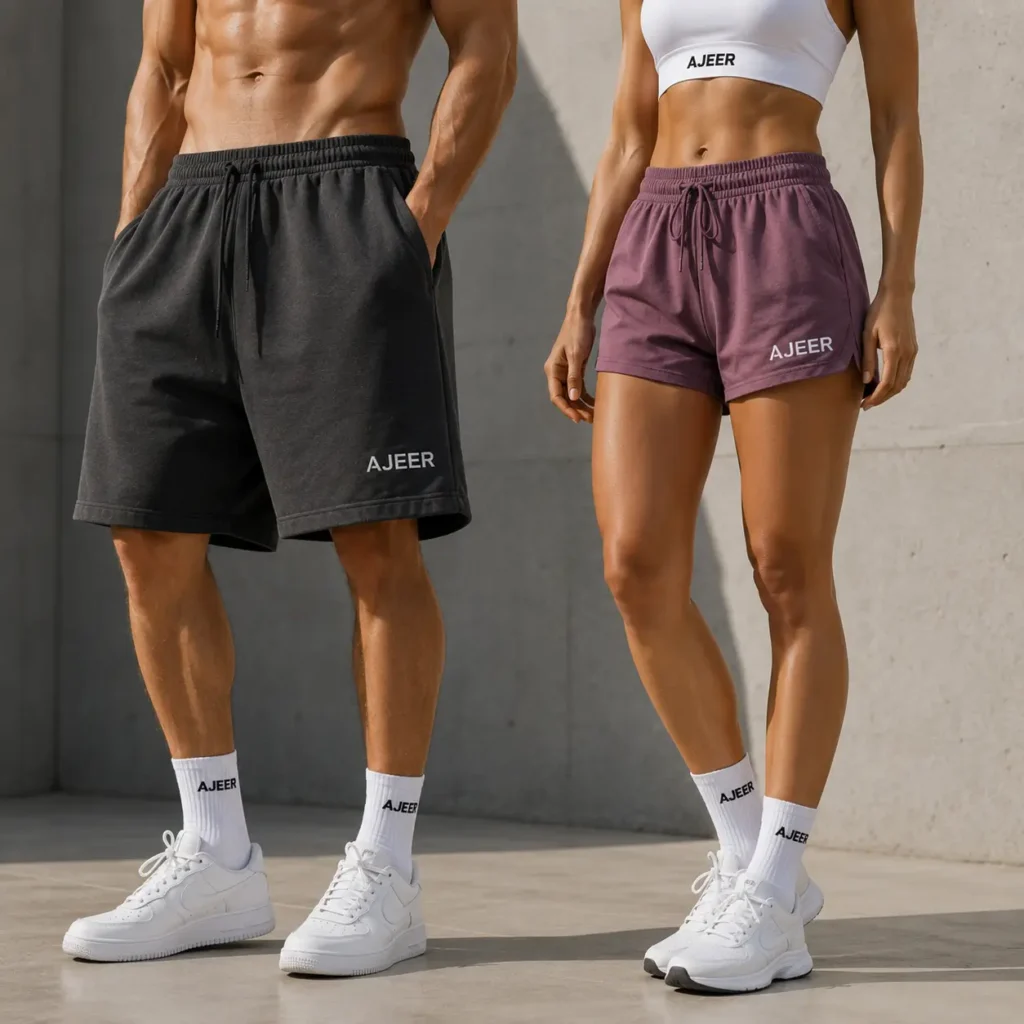 Custom shorts manufacturer showcasing AJEER branded oversized men's charcoal shorts and women's athletic shorts for clothing brands, sportswear, and private label apparel.