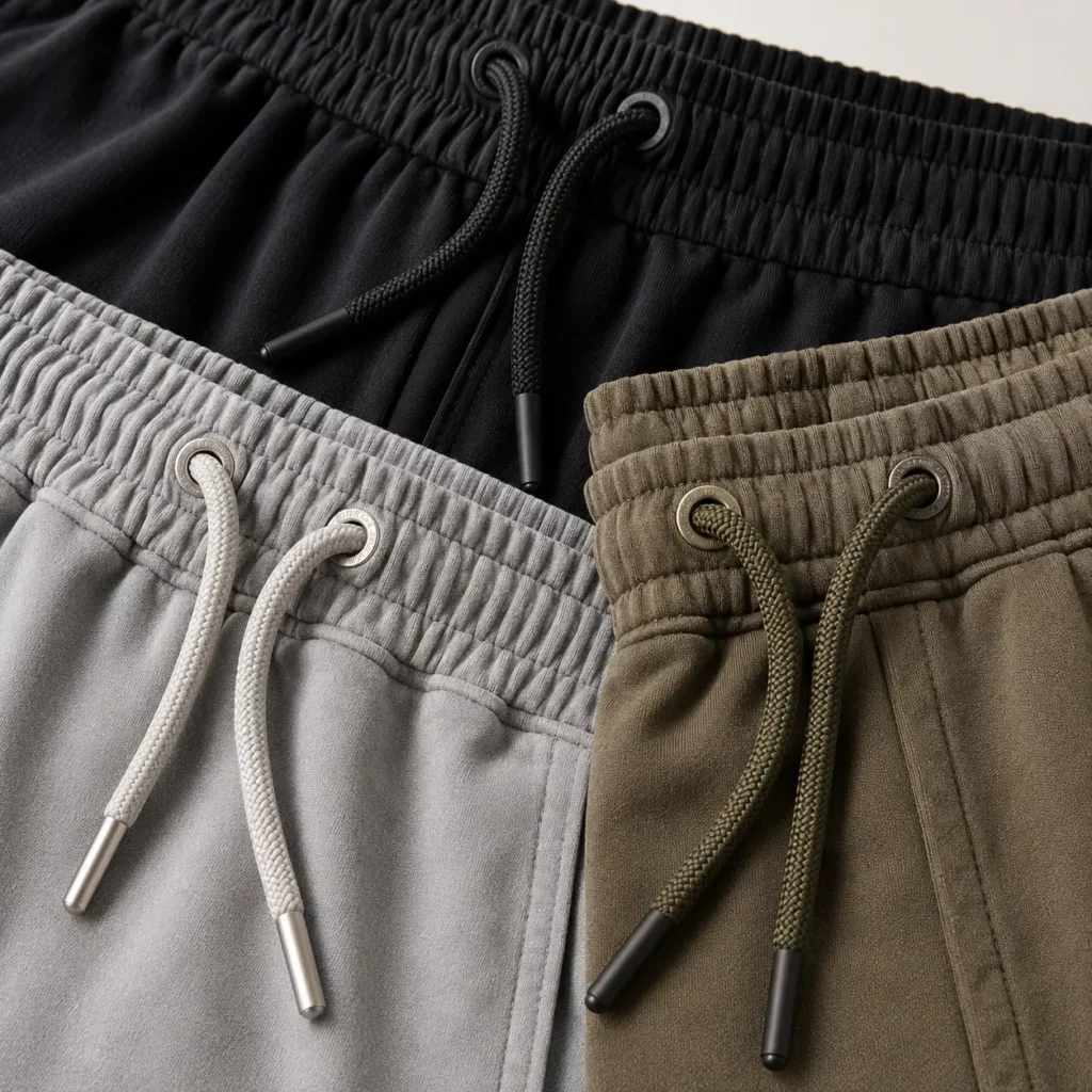 Close-up of premium shorts waistband with custom drawcord, eyelets, aglets, elastic construction, and high-quality garment trims.