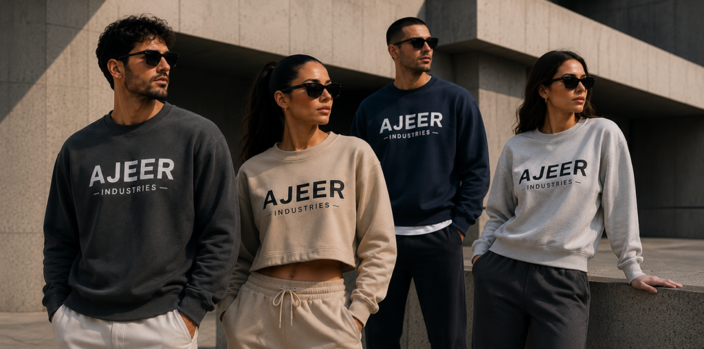 Men and women wearing premium custom sweatshirts with AJEER branding, highlighting oversized crew neck and cropped sweatshirt manufacturing for streetwear brands.