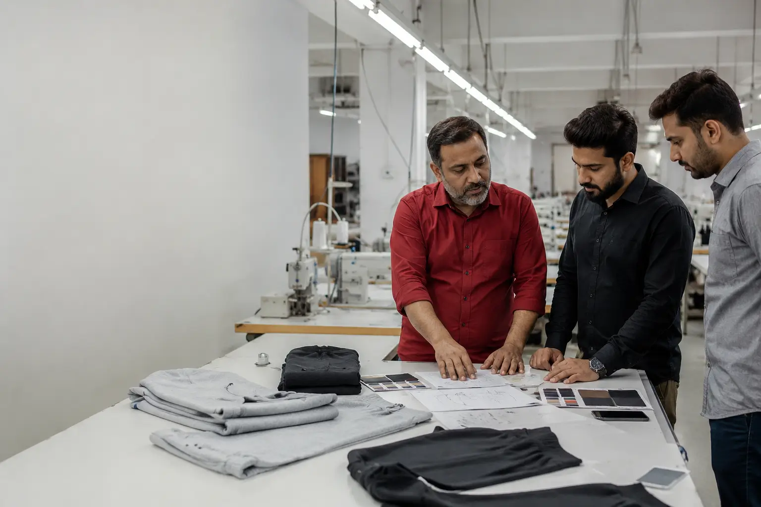 Custom Sweatsuit production planning meeting with a production manager reviewing tech packs, fabric swatches, size specifications, and samples before manufacturing in a modern clothing factory.