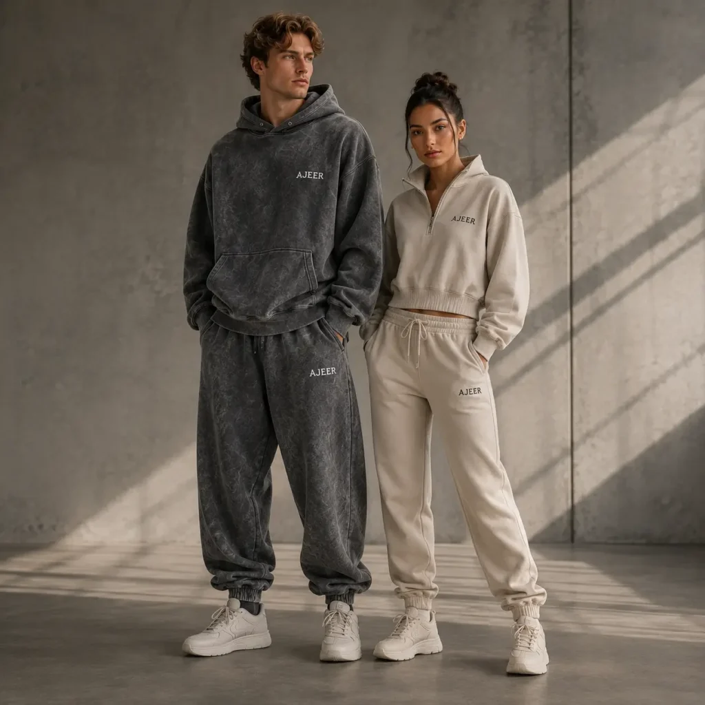 Custom sweatsuit set manufacturer showcasing an oversized acid wash men's sweatsuit and a premium women's cropped half-zip sweatsuit set in contrasting colors with subtle AJEER branding in a modern studio setting.