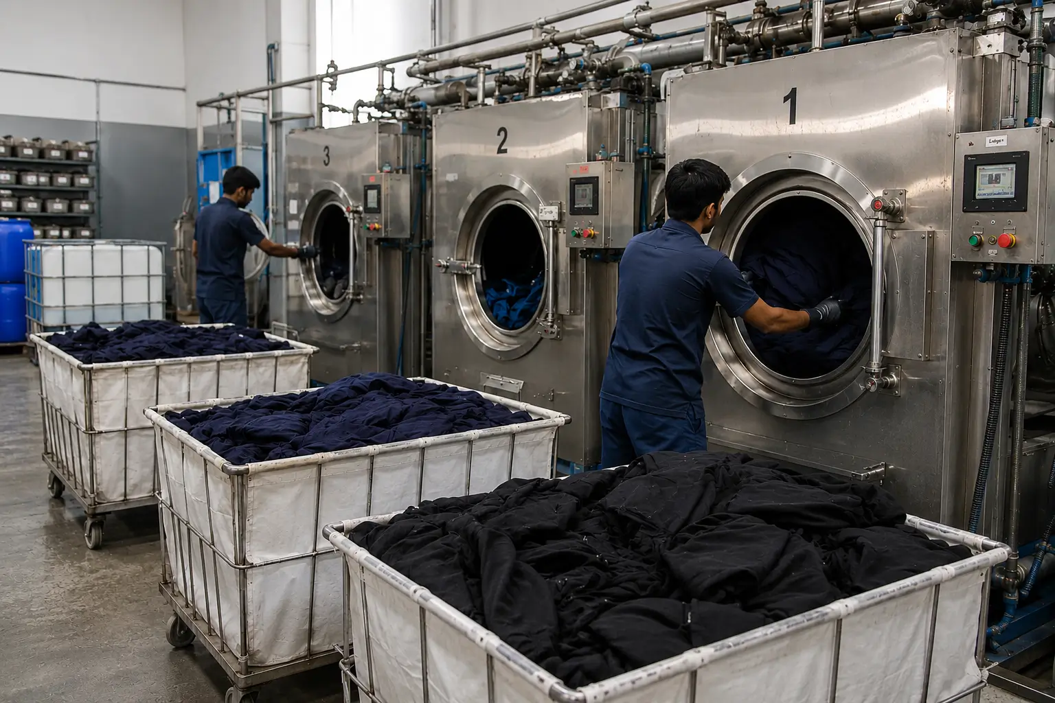 Garment Washing process showing industrial washing machines and workers handling apparel during fabric finishing in a modern clothing manufacturing factory.