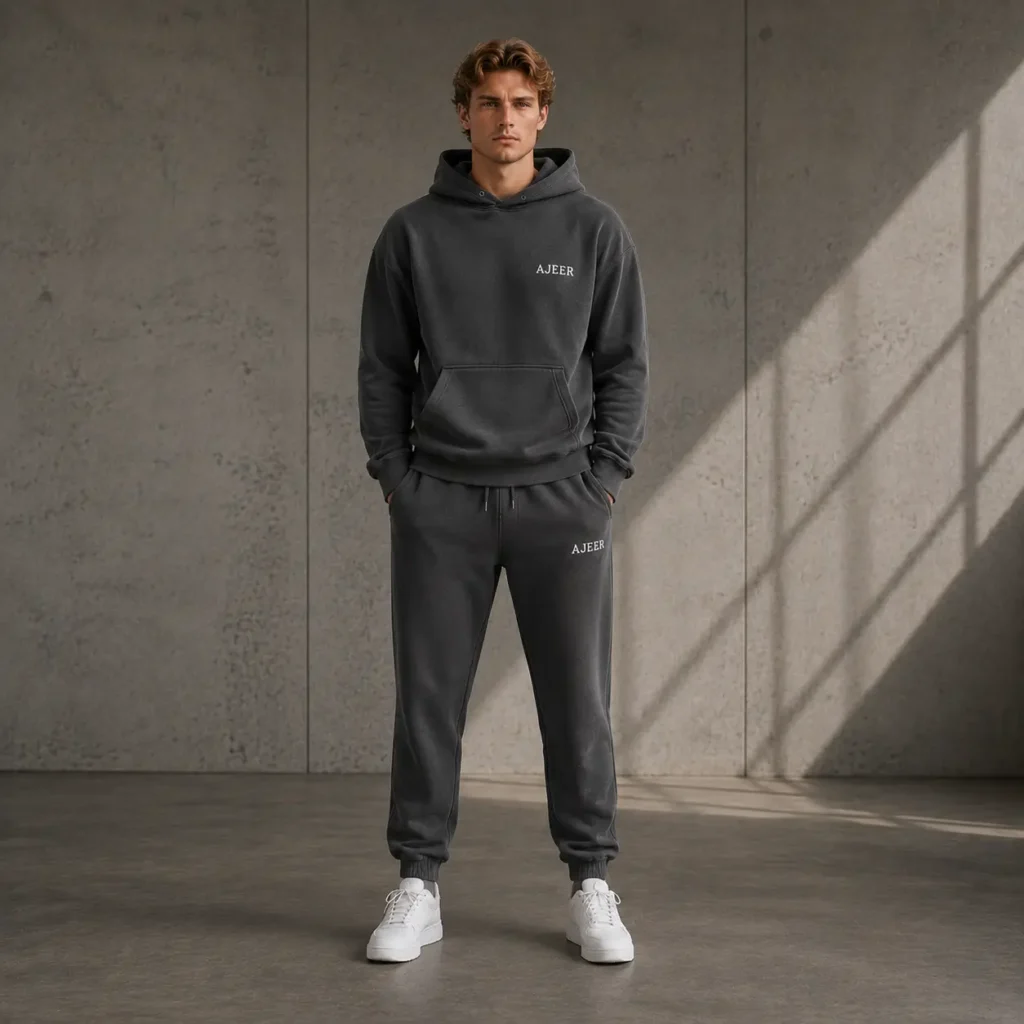 regular fit grey color matching sweatsuit set with AJEER branding