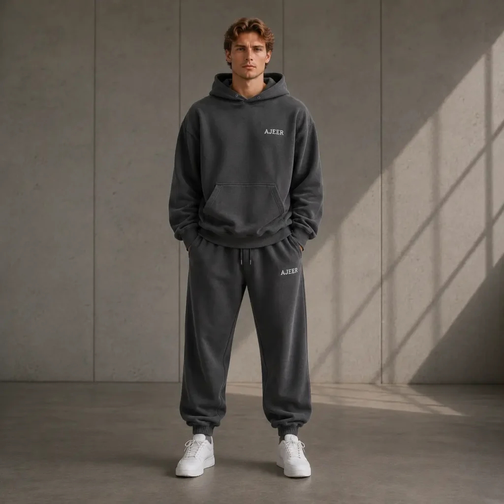 relaxed fit grey color matching sweatsuit set with AJEER branding