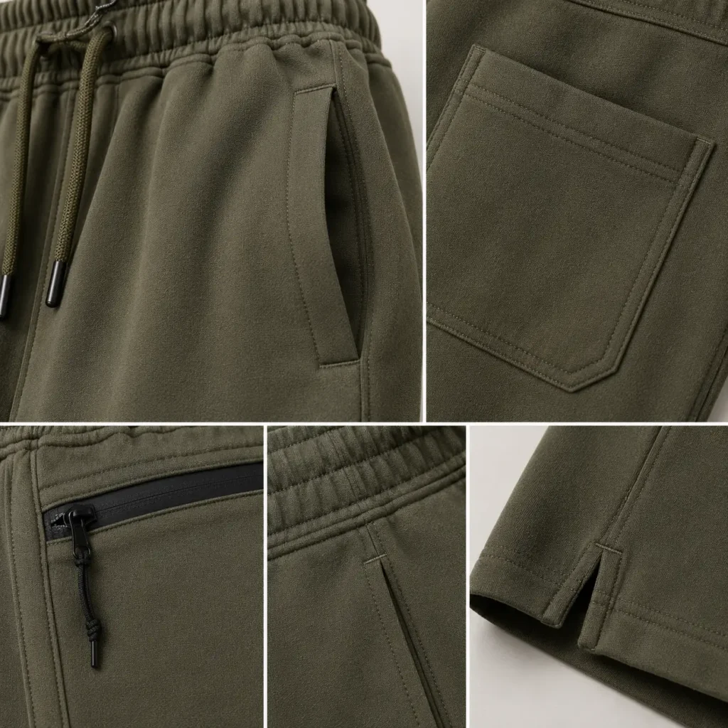 Close-up of premium custom shorts showcasing side pockets, back pocket, zipper pocket, bartack reinforcement, and functional garment construction.