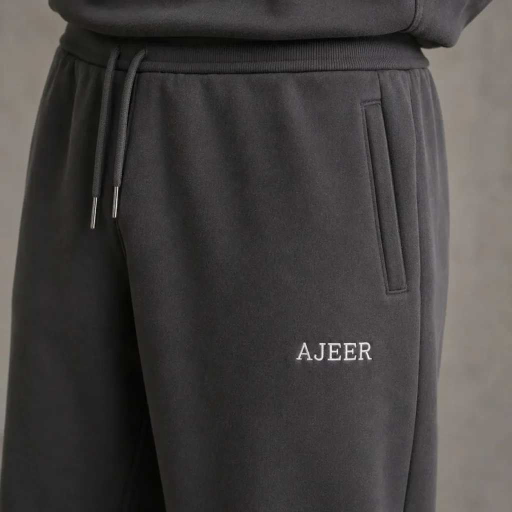 side pocket of sweatpants with AJEER branding