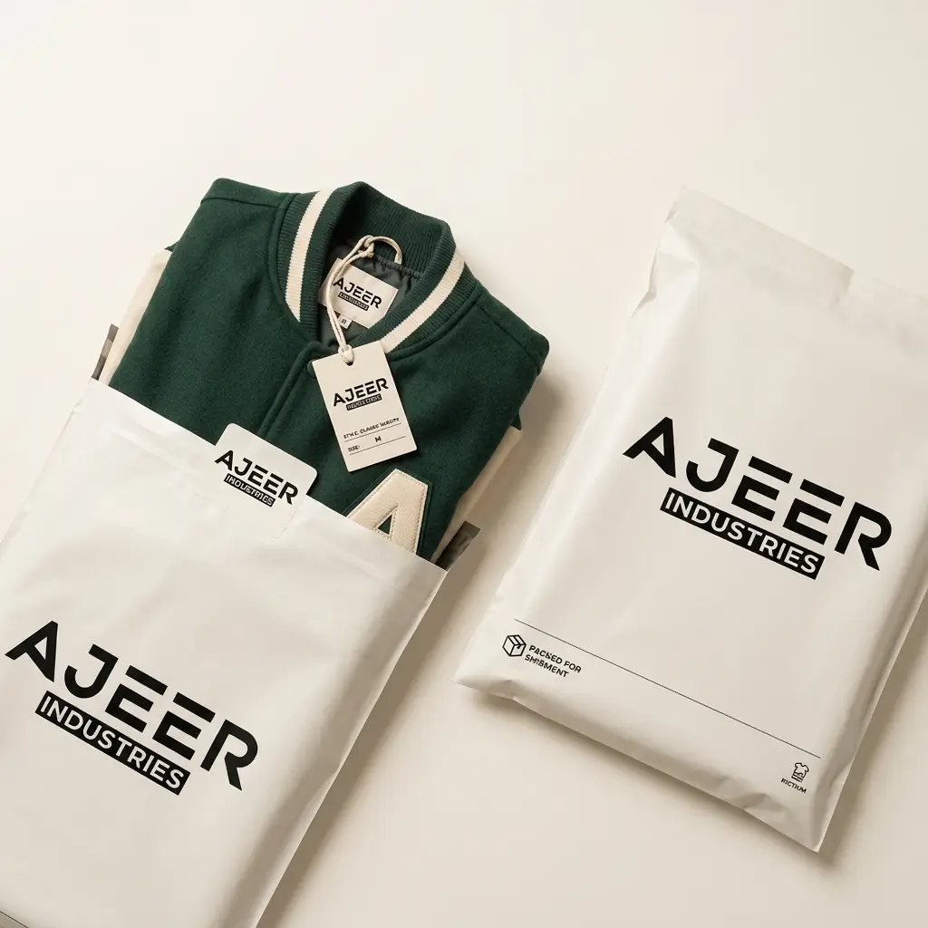varsity jacket packed in custom AJEER Industries poly bag packaging.