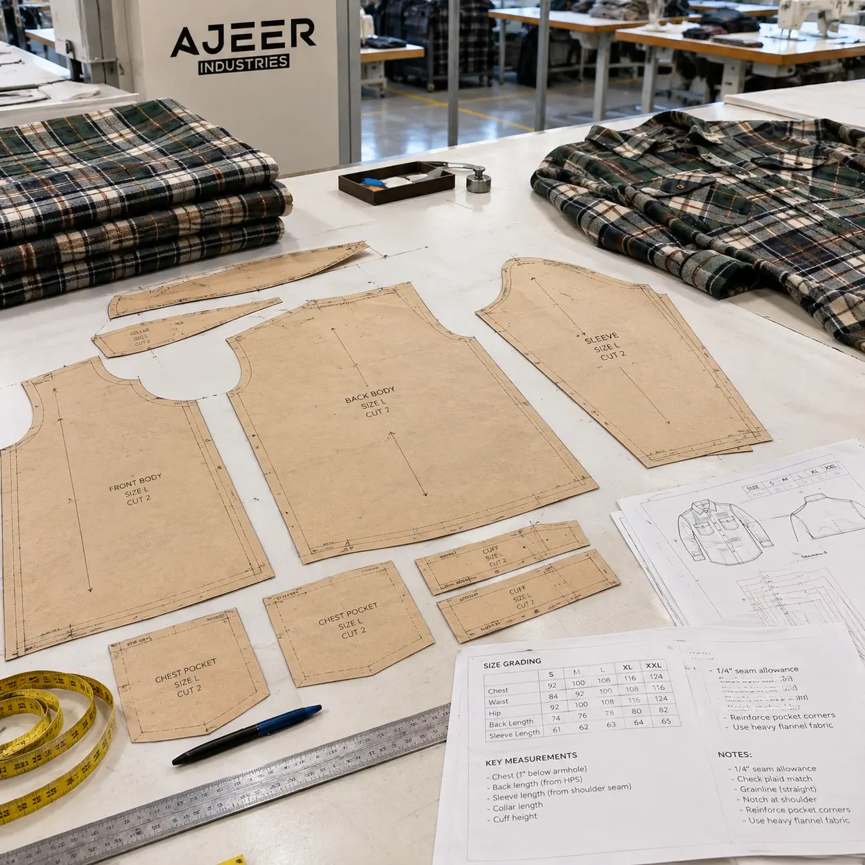 AJEER Industries garment manufacturing workspace showing heavyweight flannel shirt paper patterns for front, back, sleeves, collar, cuffs, and chest pockets on a professional cutting table, with measuring tools, size grading notes, and folded forest green, charcoal, brown, and cream plaid fabric nearby.