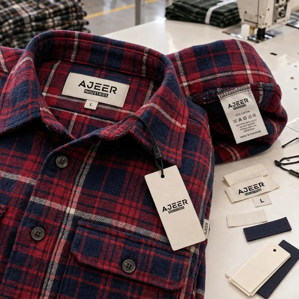 JEER Industries heavyweight plaid flannel shirt on a garment production table, showing sewn neck and size labels, side label, care label, premium hangtag, stitching, buttons, and customizable blank label samples in a Pakistani apparel manufacturing setting.
