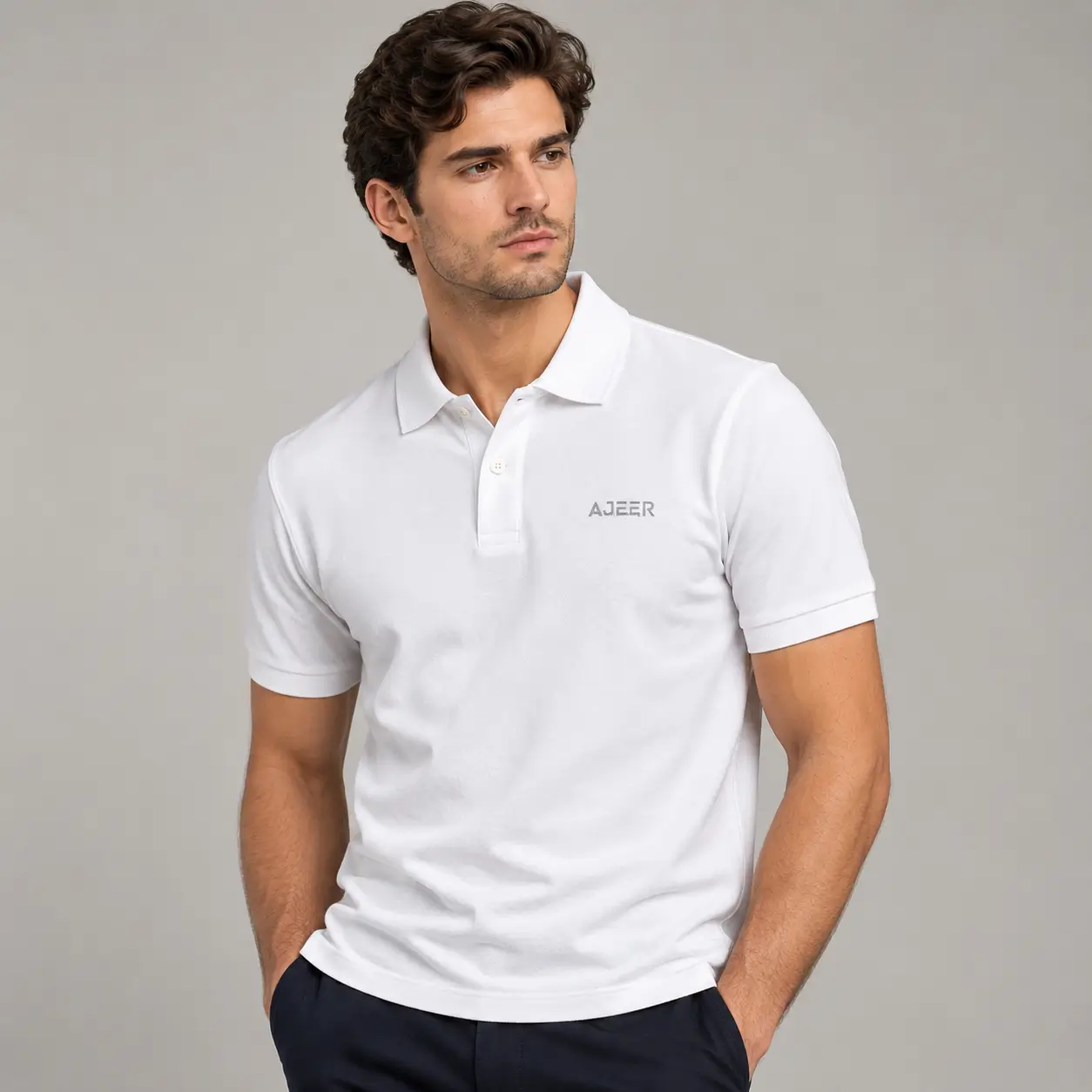 Professional male model wearing a premium white classic polo shirt with an understated AJEER Industries logo, photographed in a clean modern studio to showcase collar, two-button placket, fabric texture, fit, and garment finishing.