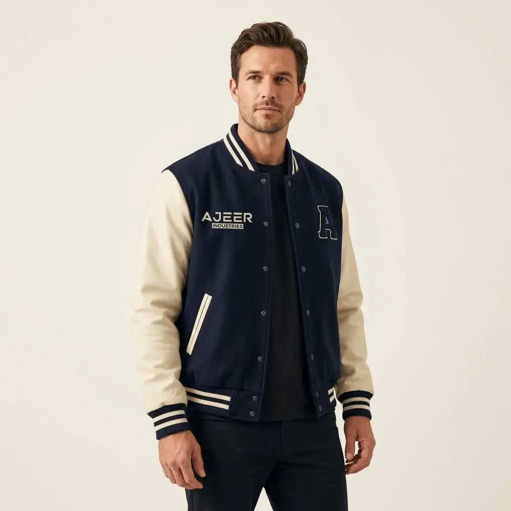 Classic varsity jacket with contrast sleeves, ribbed trim, snap closures, and custom patches