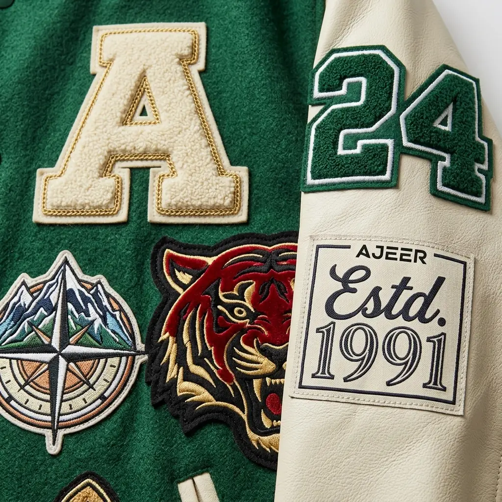 Chenille, embroidered and appliqué patches on custom varsity jackets