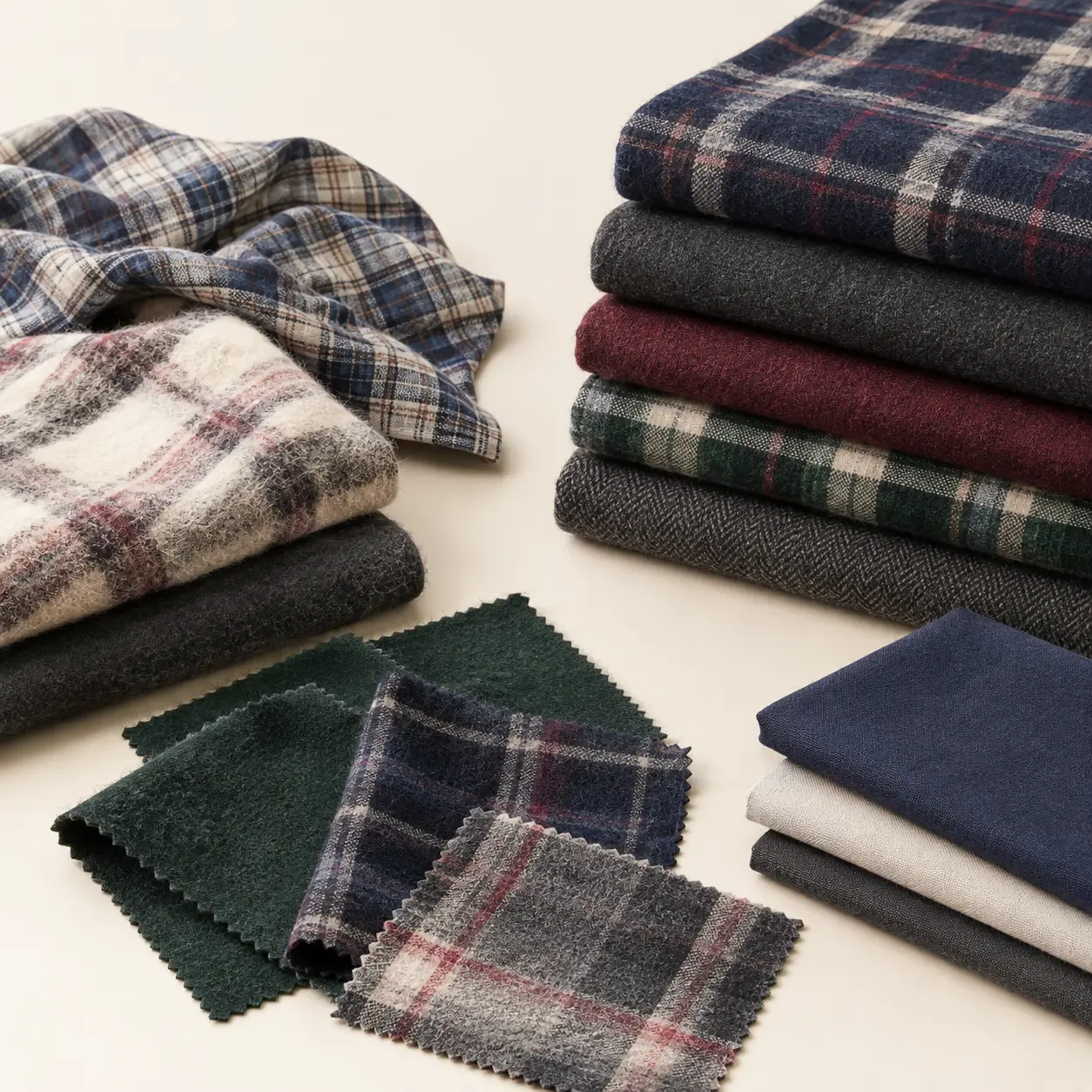 Premium flannel fabric swatches and folded fabric pieces in navy, charcoal, cream, burgundy, and forest green, showing varied weights, brushed textures, and plaid patterns on a warm off-white studio surface.