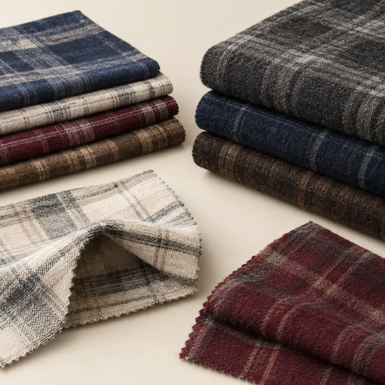 Flannel fabric swatches in lightweight, midweight, and heavyweight textures, arranged in muted navy, charcoal, cream, burgundy, and brown tones to show differences in thickness, weave density, and brushed softness.