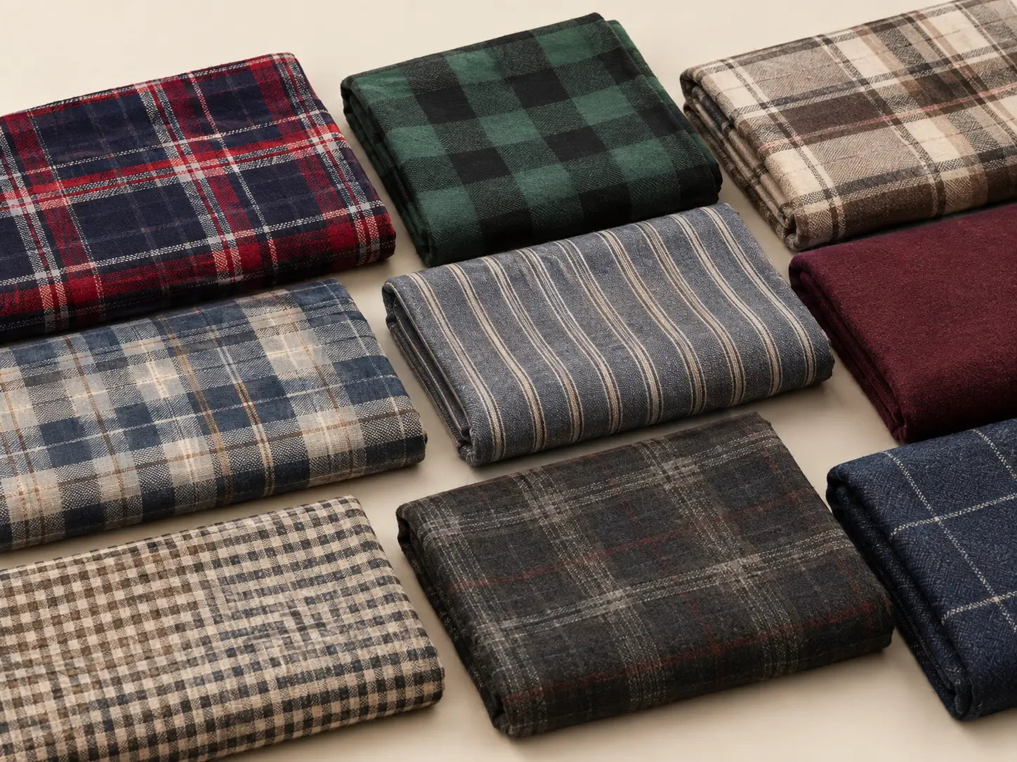 Folded flannel fabric swatches showing varied plaid, check, stripe, solid, and custom pattern options in navy, red, green, black, beige, burgundy, and neutral tones.
