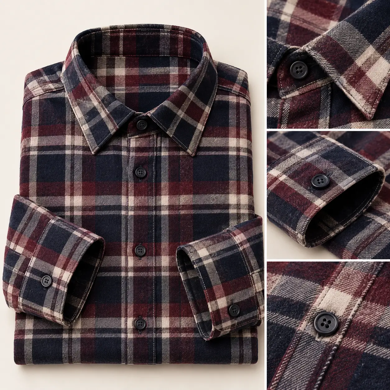 Premium plaid flannel shirt showcasing pointed collar, buttoned cuffs, stitching, buttons, and detailed fabric construction.