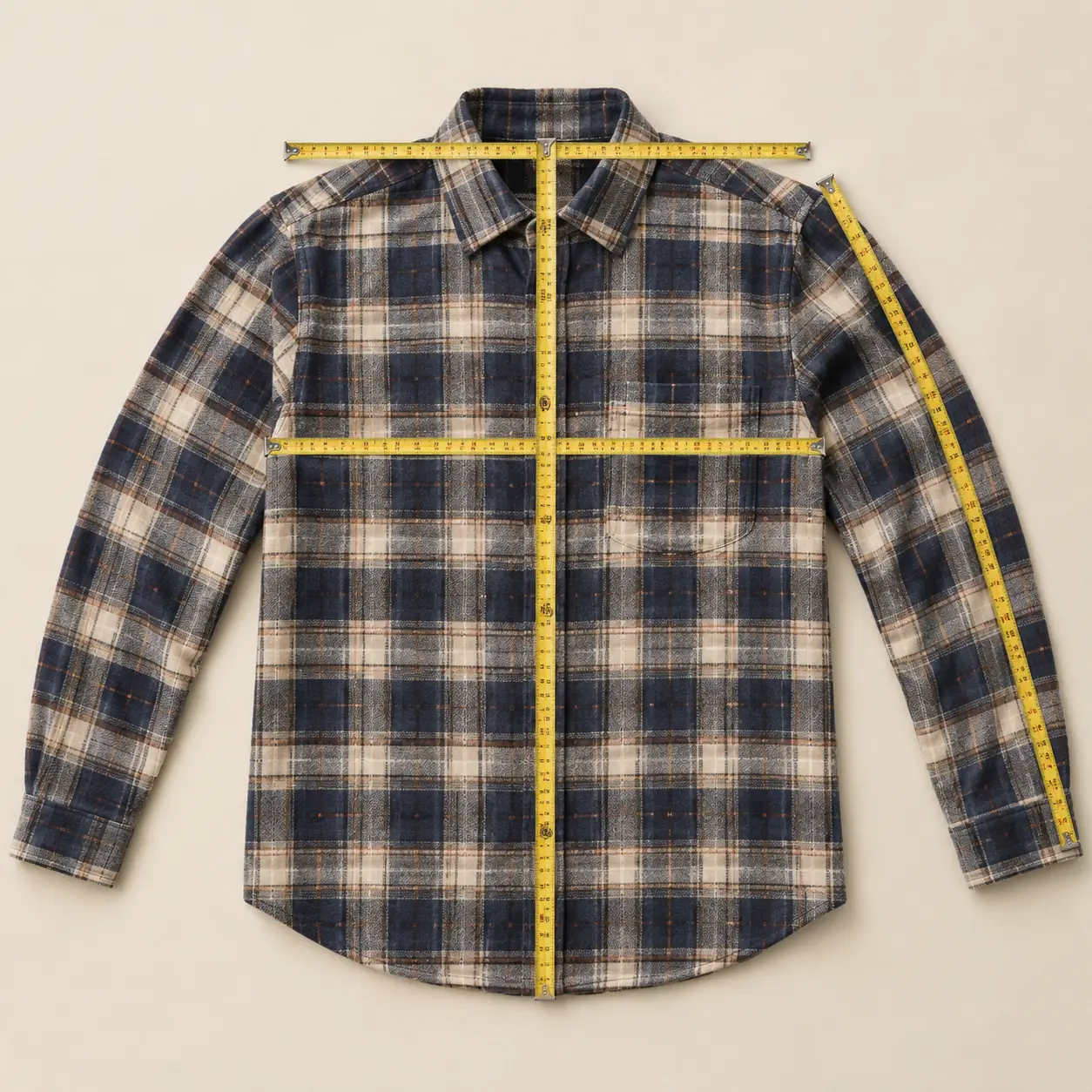 Flat-lay flannel shirt with a measuring tape showing key fit areas including chest width, body length, sleeve length, and shoulder width on a warm off-white studio background.