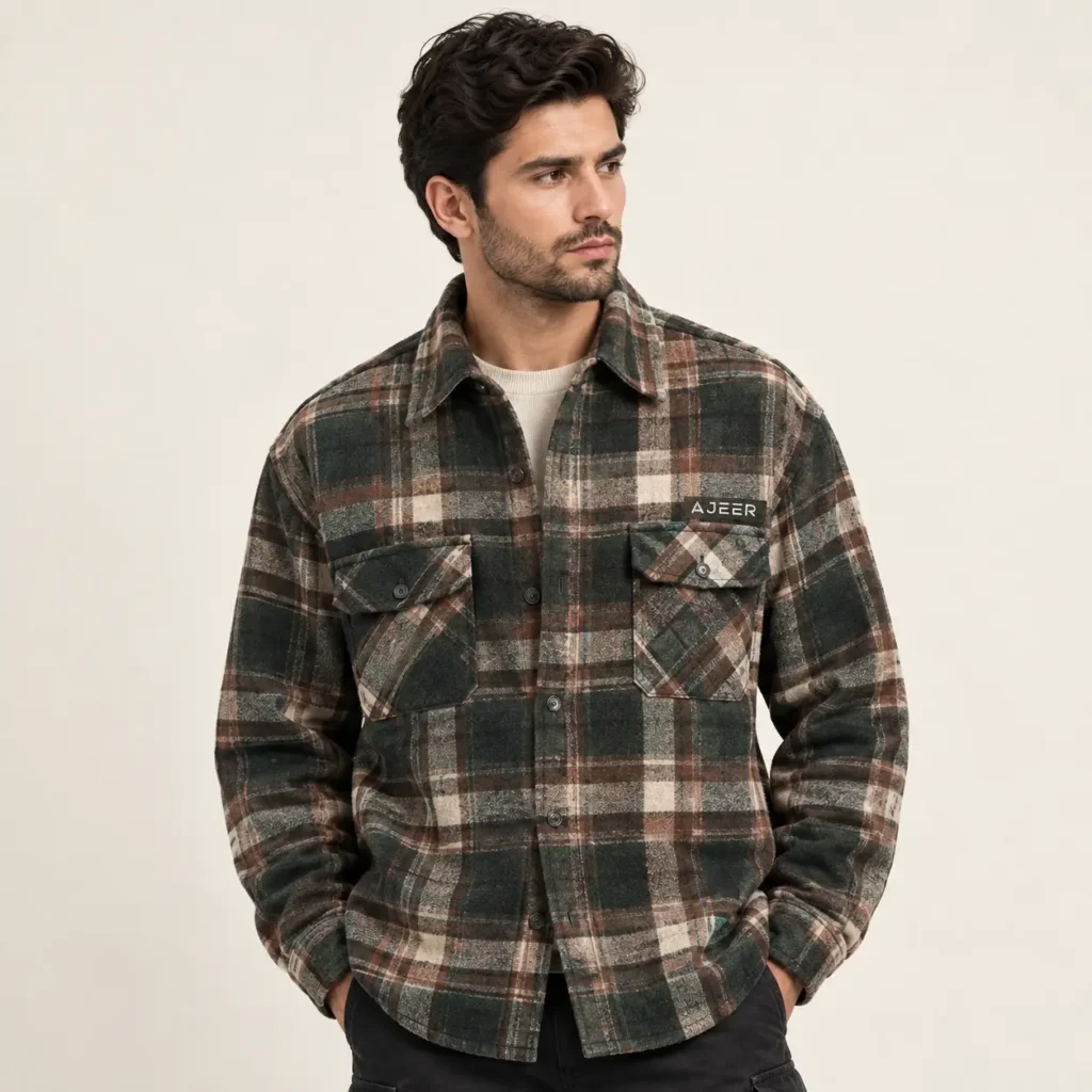 One adult male fashion model wearing a substantial heavyweight flannel shirt with a structured silhouette and visibly heavier fabric construction. Include a traditional collar, full button placket, long sleeves, buttoned cuffs, and functional chest pockets with clean construction. Plaid pattern combining deep forest green, charcoal, brown, and cream. Has small, AJEER INDUSTRIES logo.  