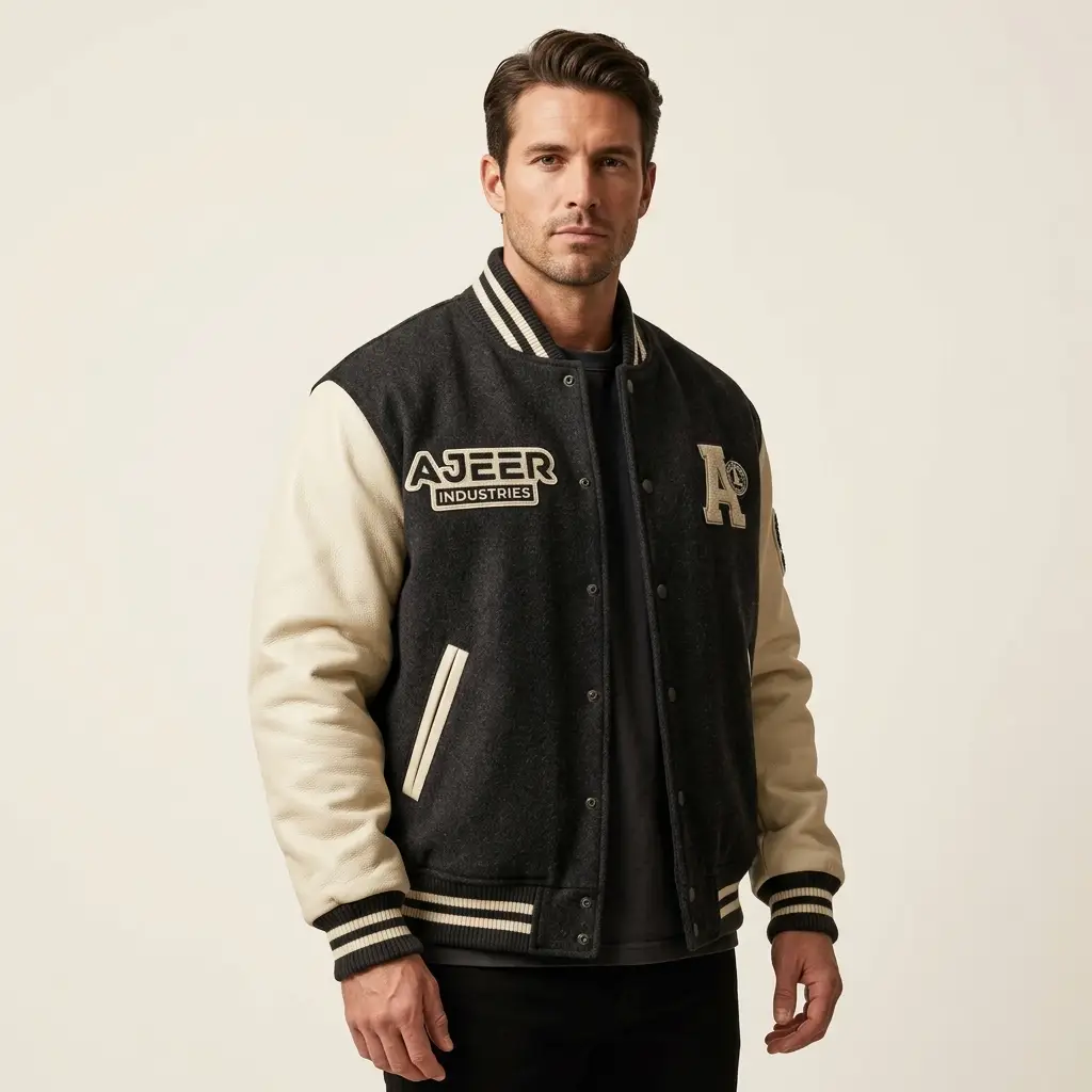Heavyweight varsity jacket with structured construction and substantial fabric for cold-weather wear