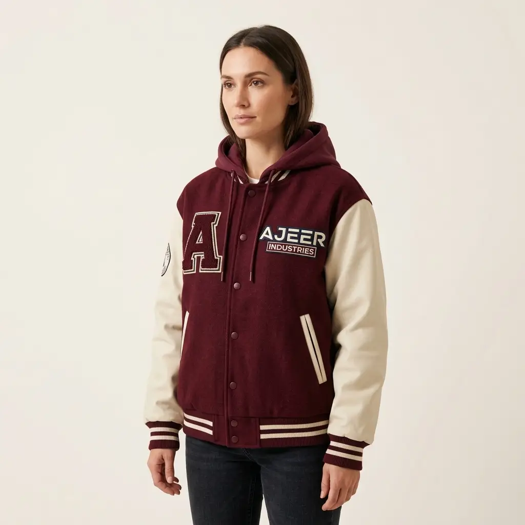 Custom hooded varsity jacket with integrated hood, ribbed trim, and varsity details