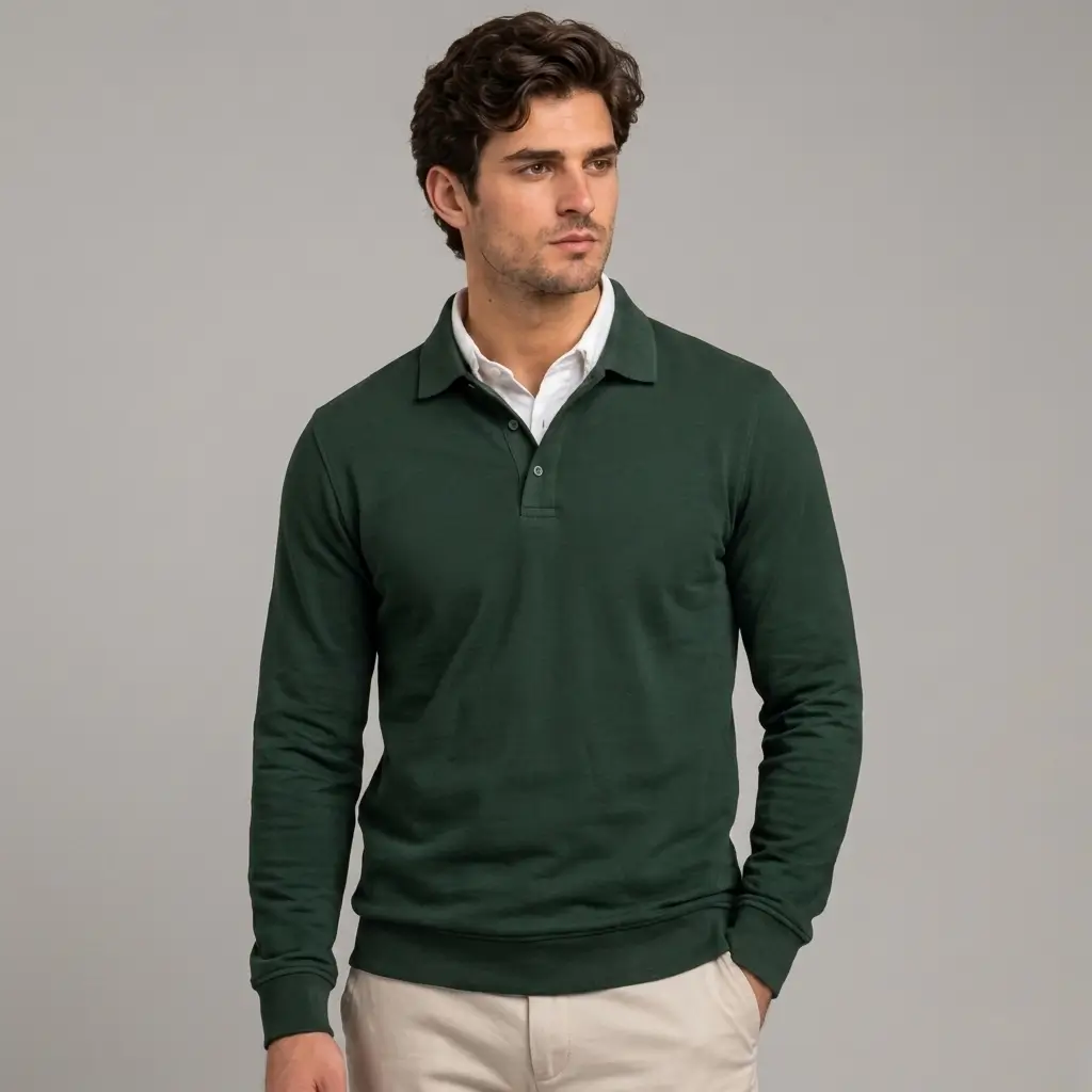 long sleeve green polo shirt worn by model