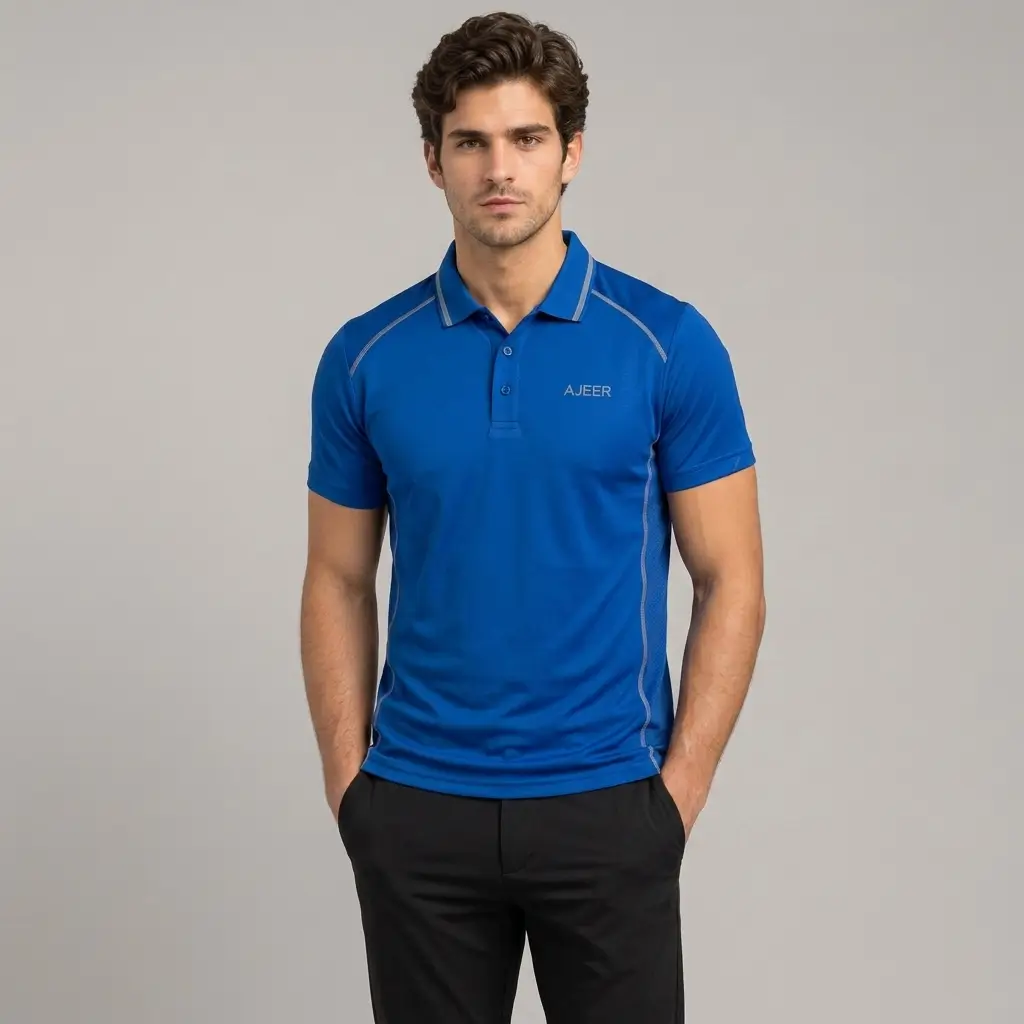 performance polo shirt blue color worn by model