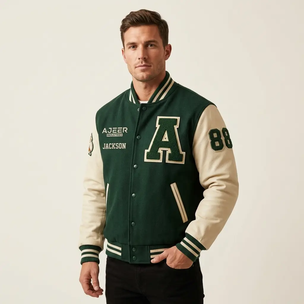 Custom school and team letterman jacket with varsity lettering, patches, name, and number details