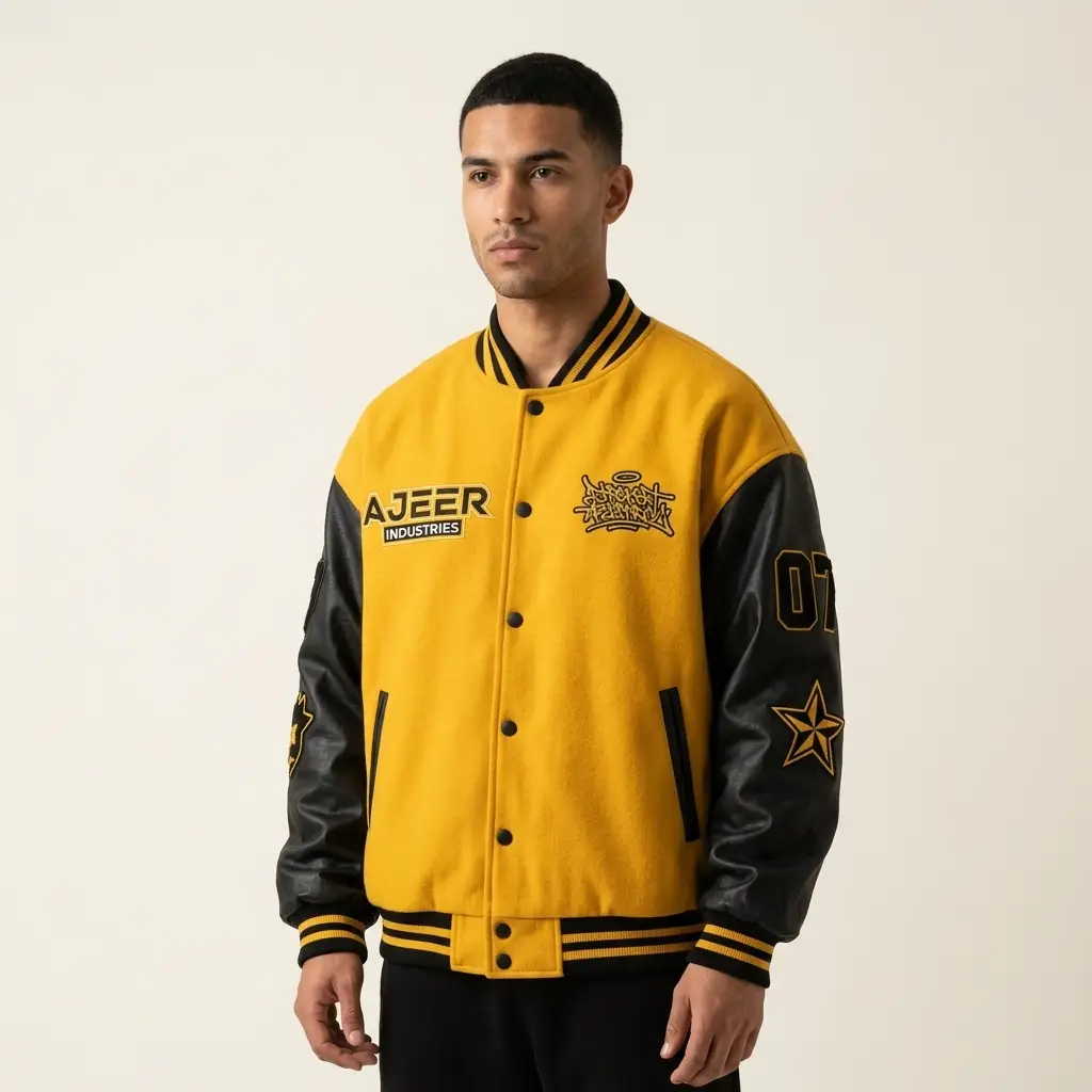 Oversized streetwear varsity jacket with relaxed fit, custom patches, and contemporary details