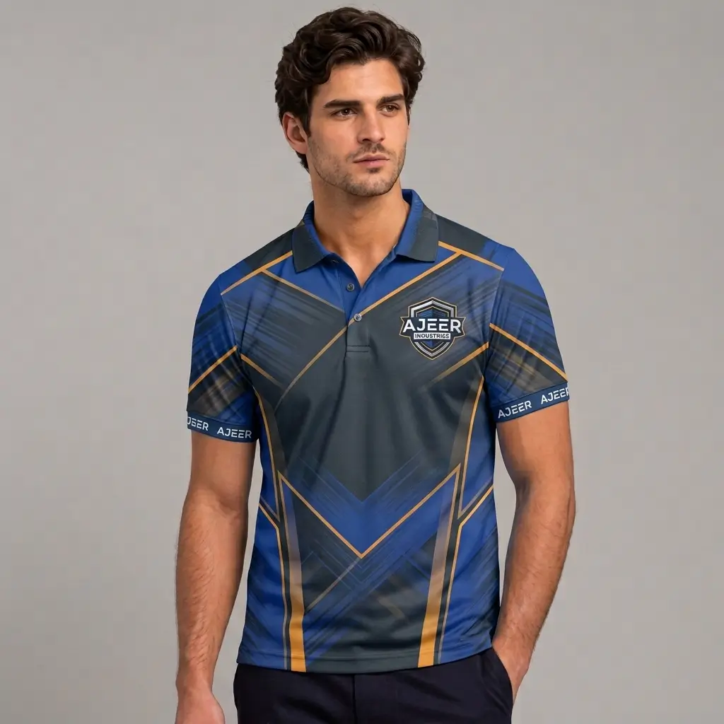 Model wears blue & gold geometric print polo, chest shield logo, repeating 'Ajeer' on cuffs.