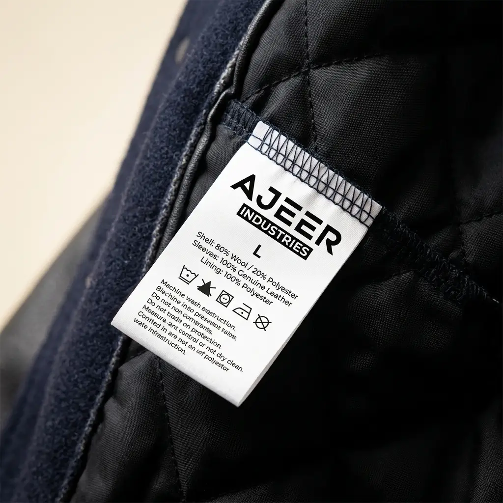 Ajeer industries printed care label on varsity jacket