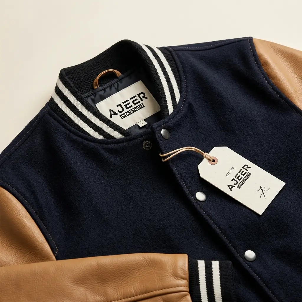 Ajeer Industries branded labels and tags on varsity jacket