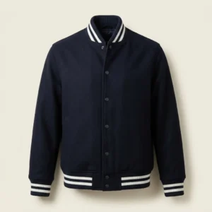 Varsity jacket with ribbed collar, cuffs, and waistband