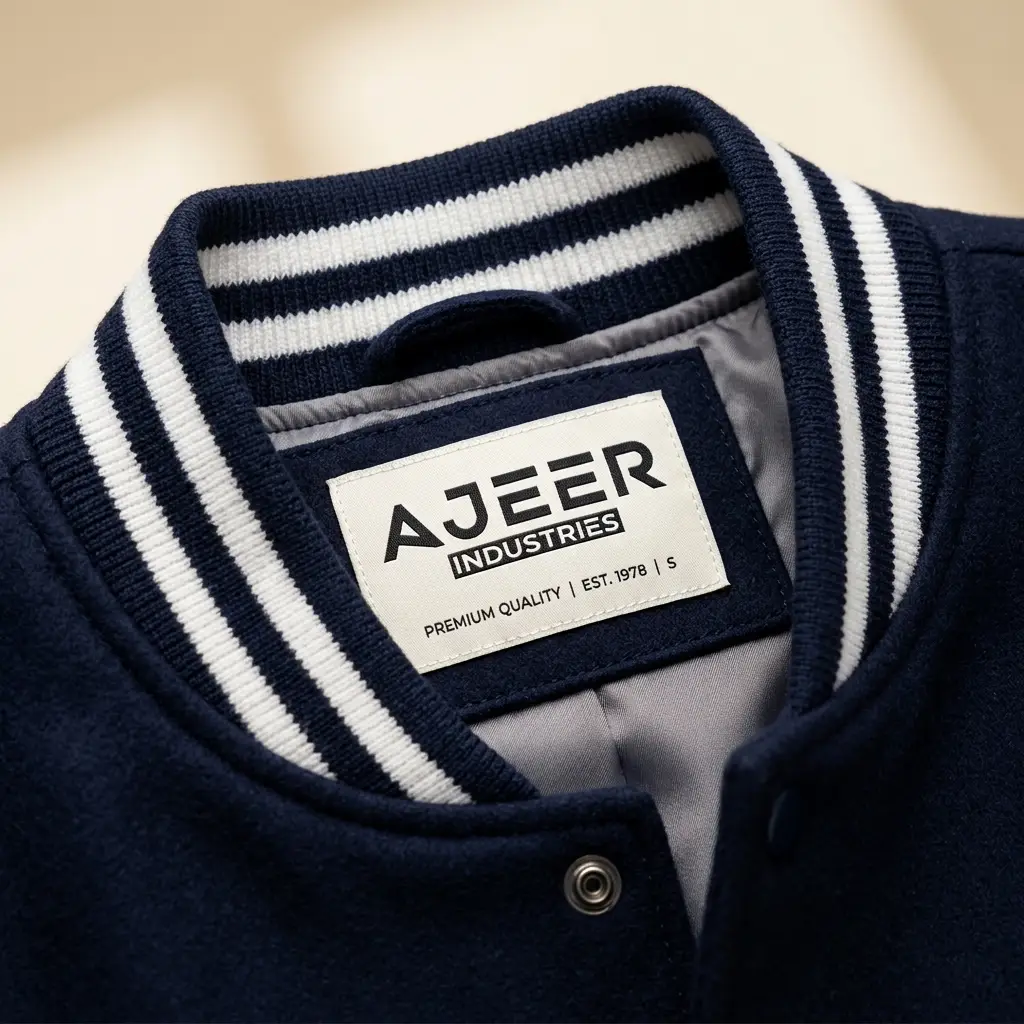 Woven Ajeer Industries label sewn on varsity jacket