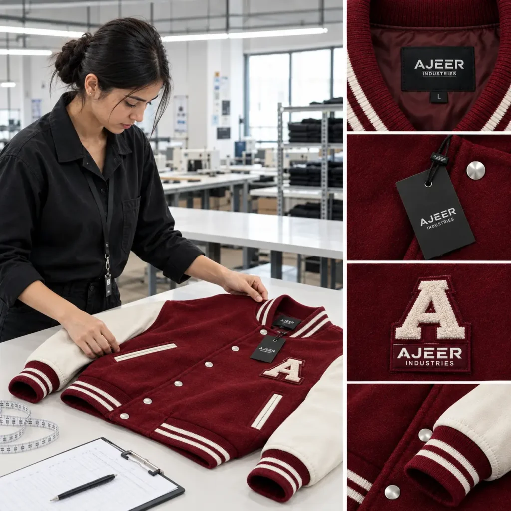 Girl doing QC of varsity jacket