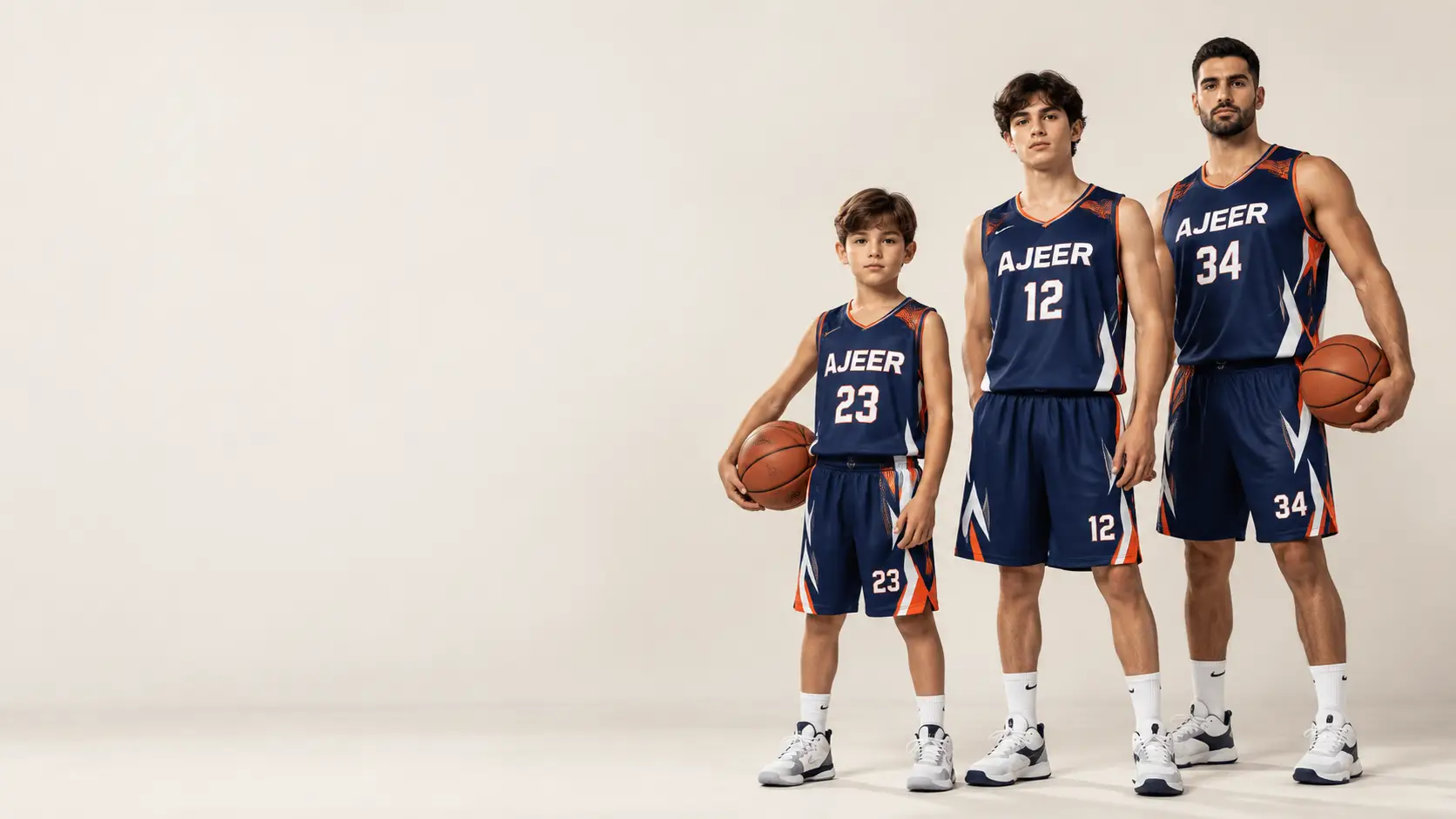 hree basketball players wearing custom AJEER basketball uniforms for kids, youth, and adults.