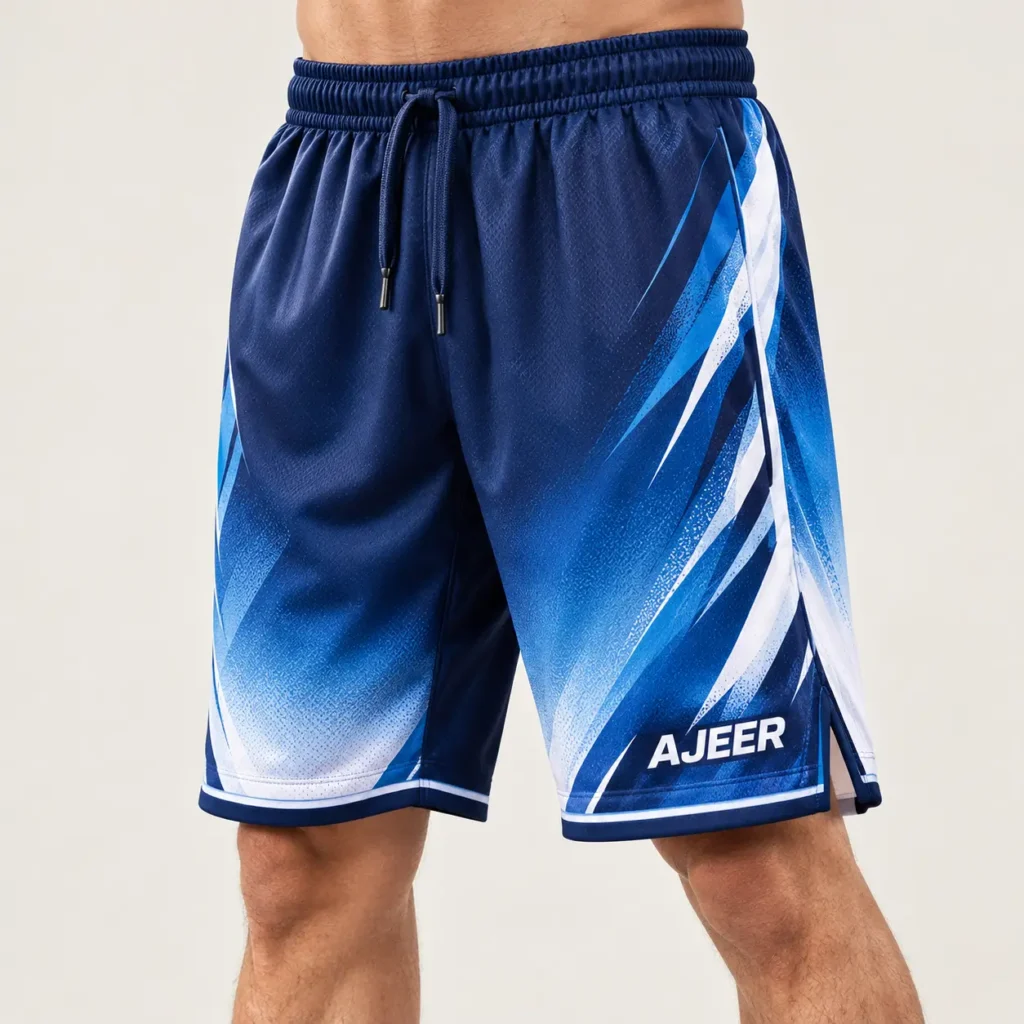 Custom navy and blue gradient basketball shorts with AJEER branding, worn by a model.