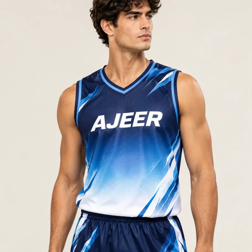 Custom navy and blue gradient basketball shorts with AJEER branding, worn by a model.